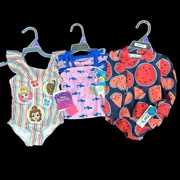 12 month Swimsuit Lot Baby Shark Disney Princess Carters Watermelon Girls NWT - Picture 1 of 9